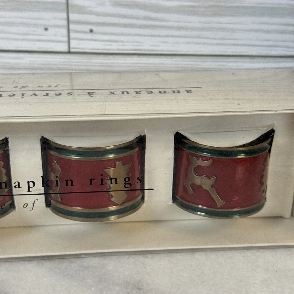 Set of 4 Pier 1 Imports Brass Holiday Napkin Rings Christmas Reindeer & Trees